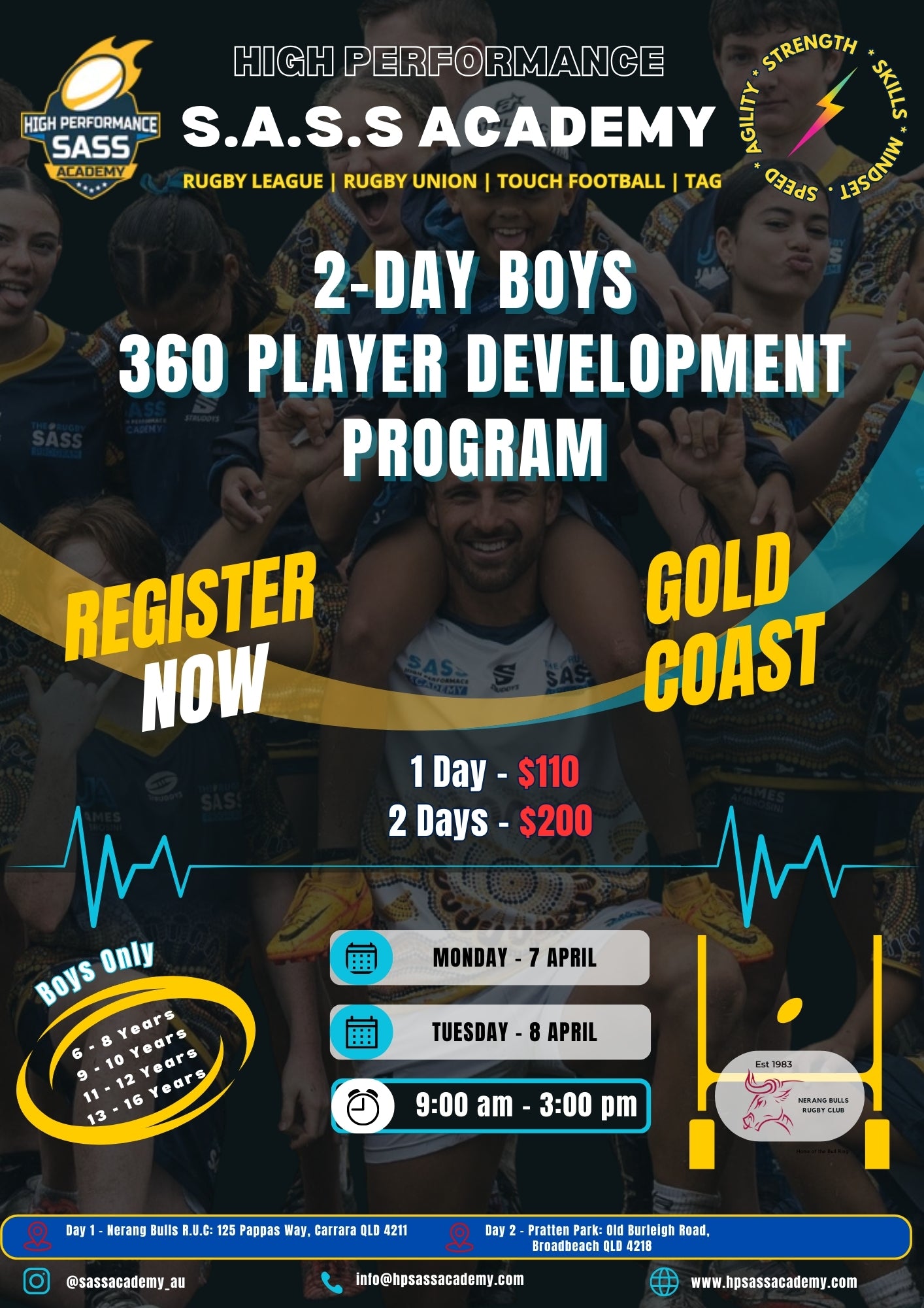 2-DAY BOYS 360 PLAYER DEVELOPMENT PROGRAM - GOLD COAST (NERANG BULLS RUGBY UNION CLUB - 7-8 APRIL)